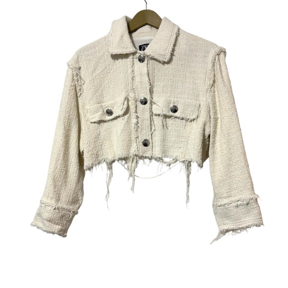 Zara Jackets & Blazers - Zara White Tweed Cropped Cut Off Blazer Size Medium Preppy Business Casual